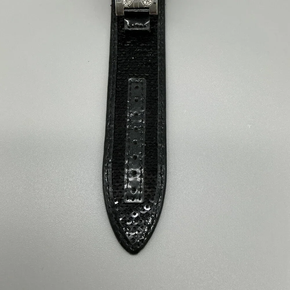 Guess Womens Watch 20mm Silver Tone Black Leather Gem Logo Cuff New Battery